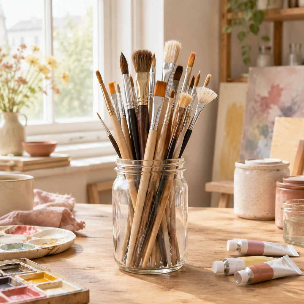 Artist brushes of many shapes standing in a glass jar