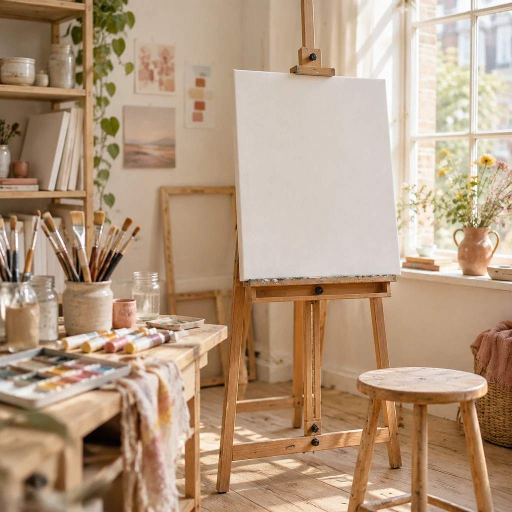Wooden studio easel holding a blank canvas by a window