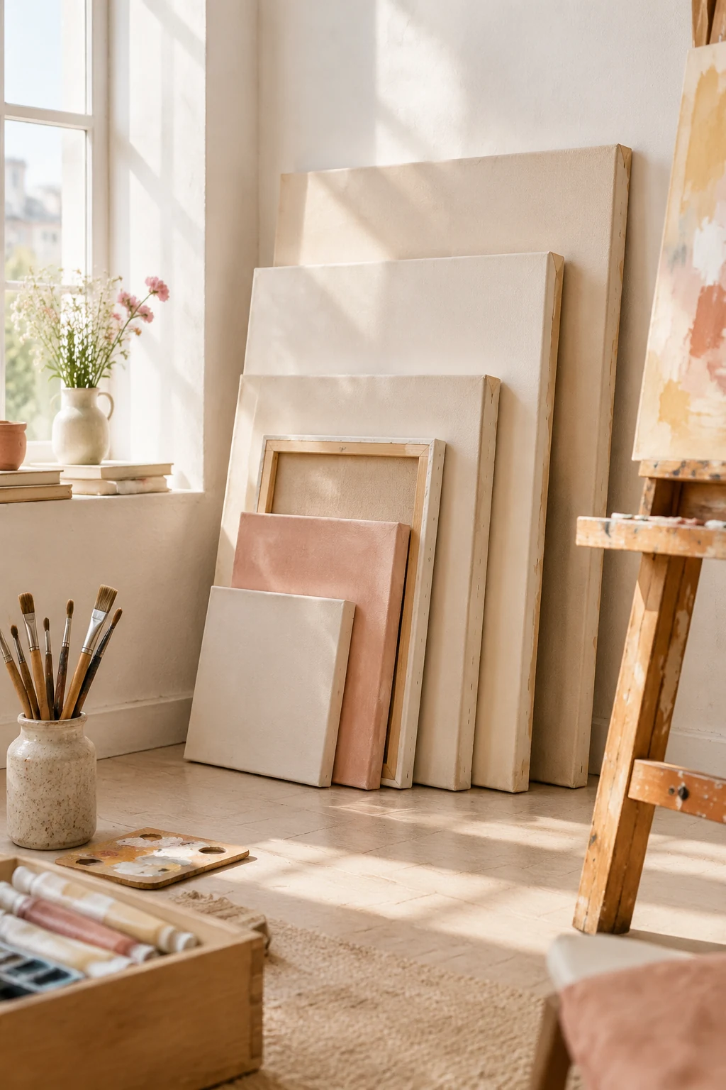Stretched canvases of different sizes leaning against a white studio wall