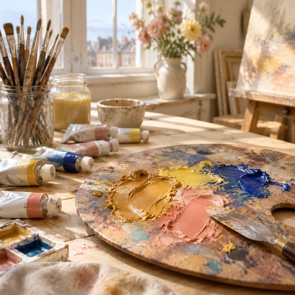 Wooden palette with freshly mixed oil colours