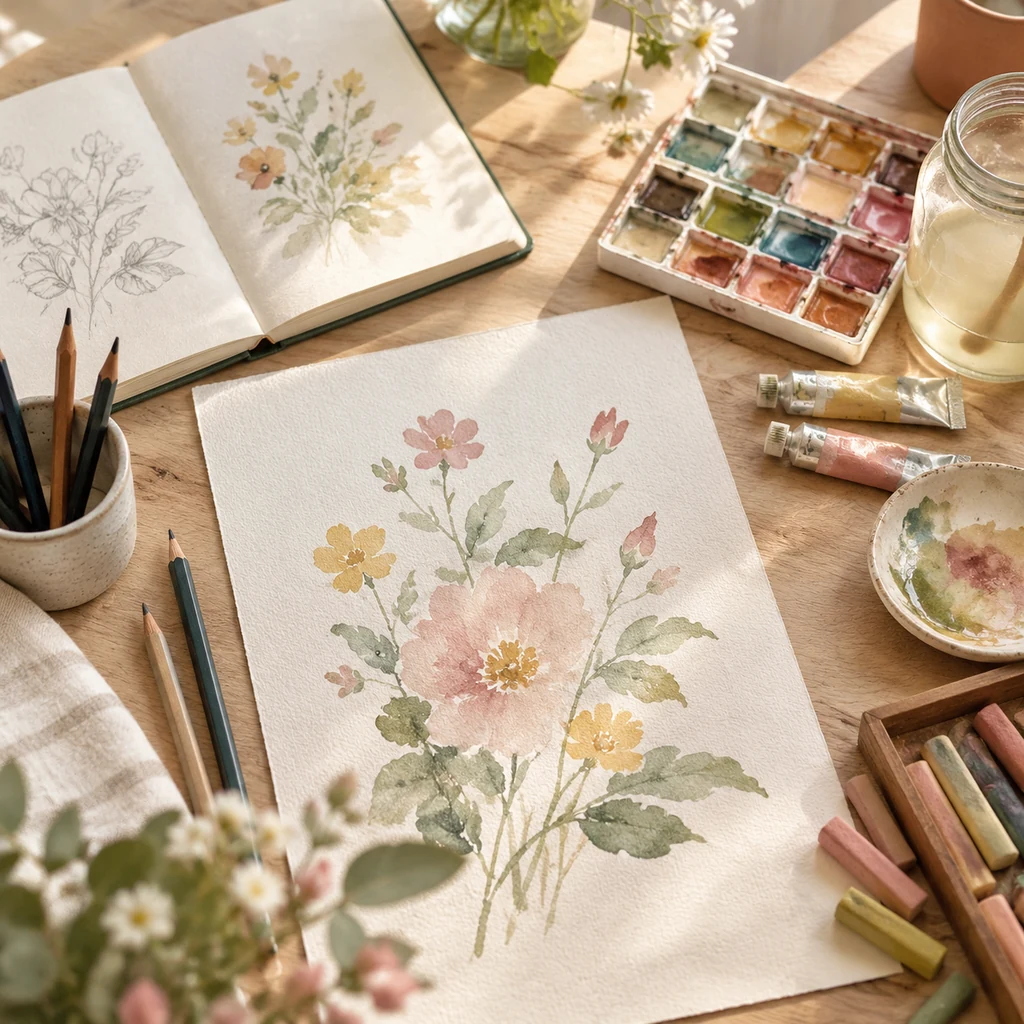 Watercolour wash on textured paper with pencils and pastels nearby