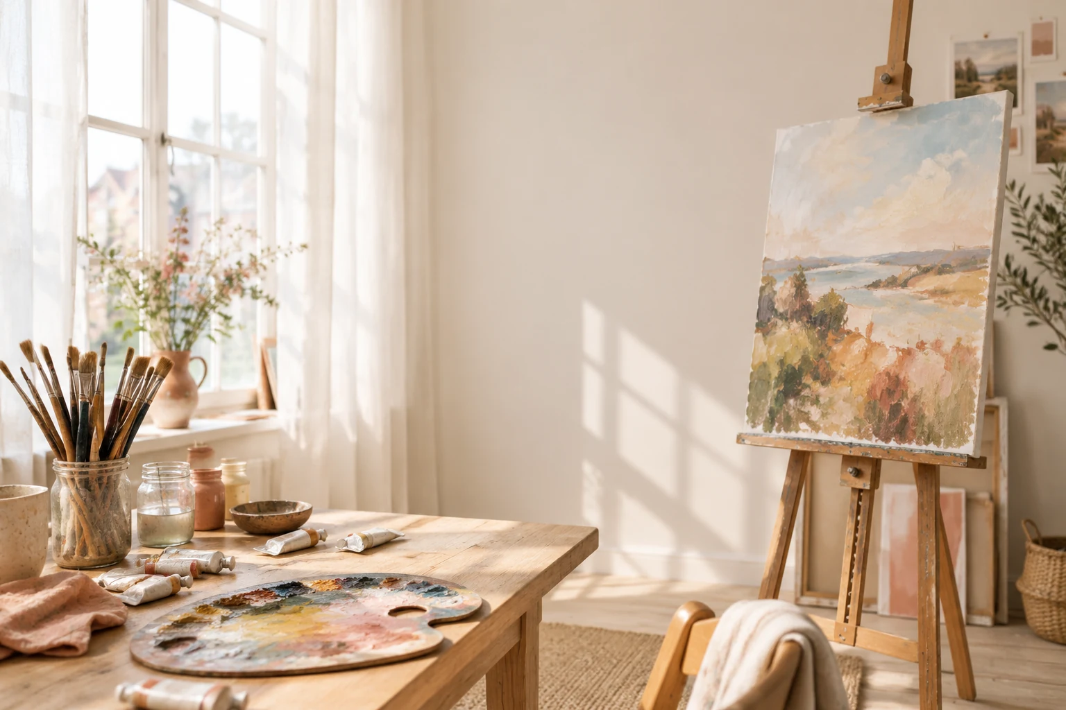 A bright painting studio with an easel by the window and paint tubes on a wooden table