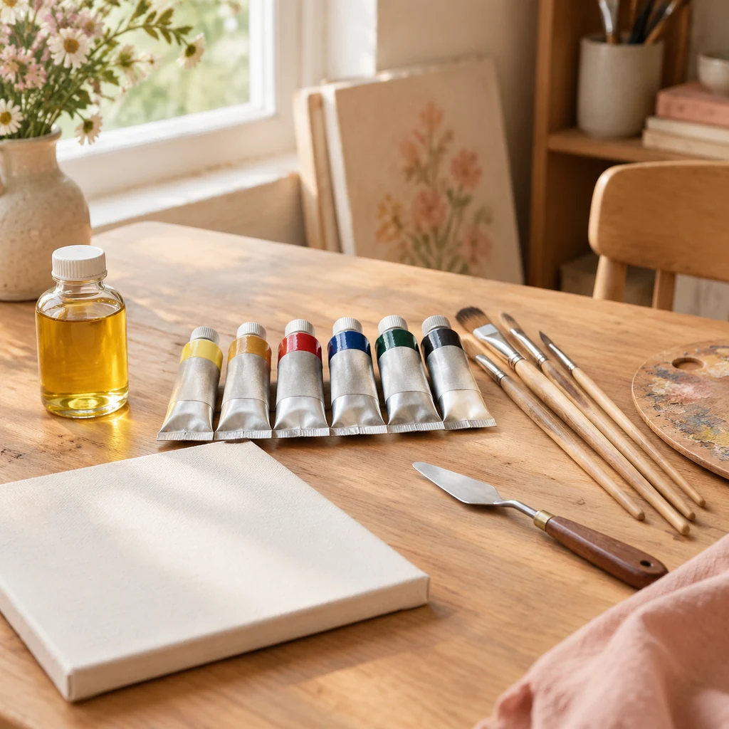 Beginner oil painting set with tubes, bristle brushes, linseed oil and a canvas board