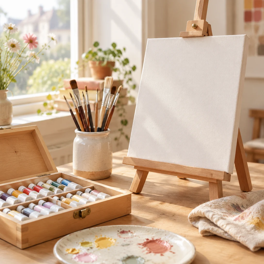 Studio kit with a tabletop easel, acrylic paints and brushes by a window