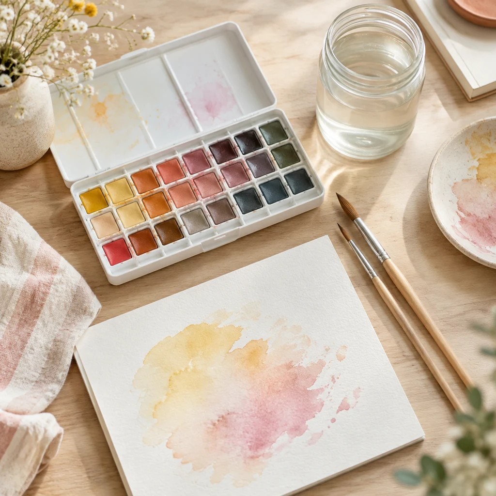 Watercolour starter kit with a pan set, brushes and a pad of paper