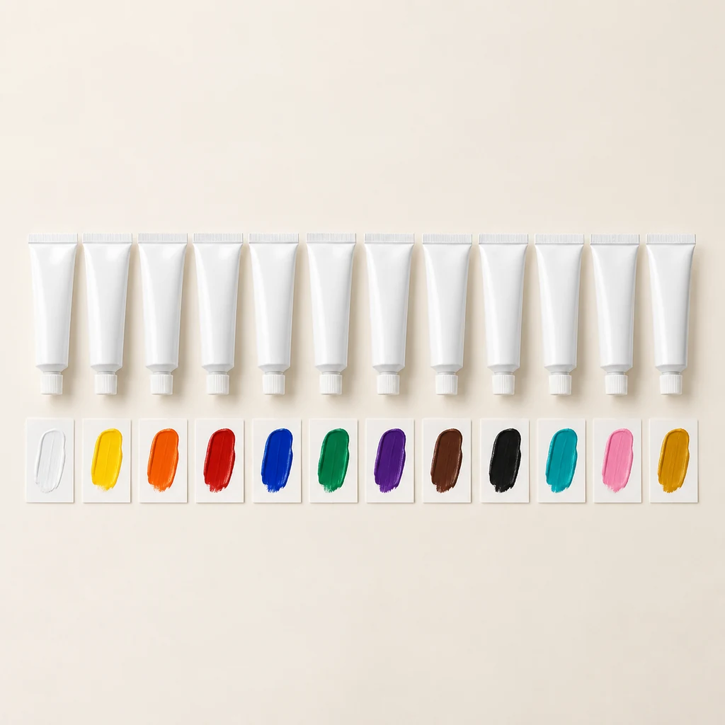 Twelve acrylic paint tubes with colour swatches below