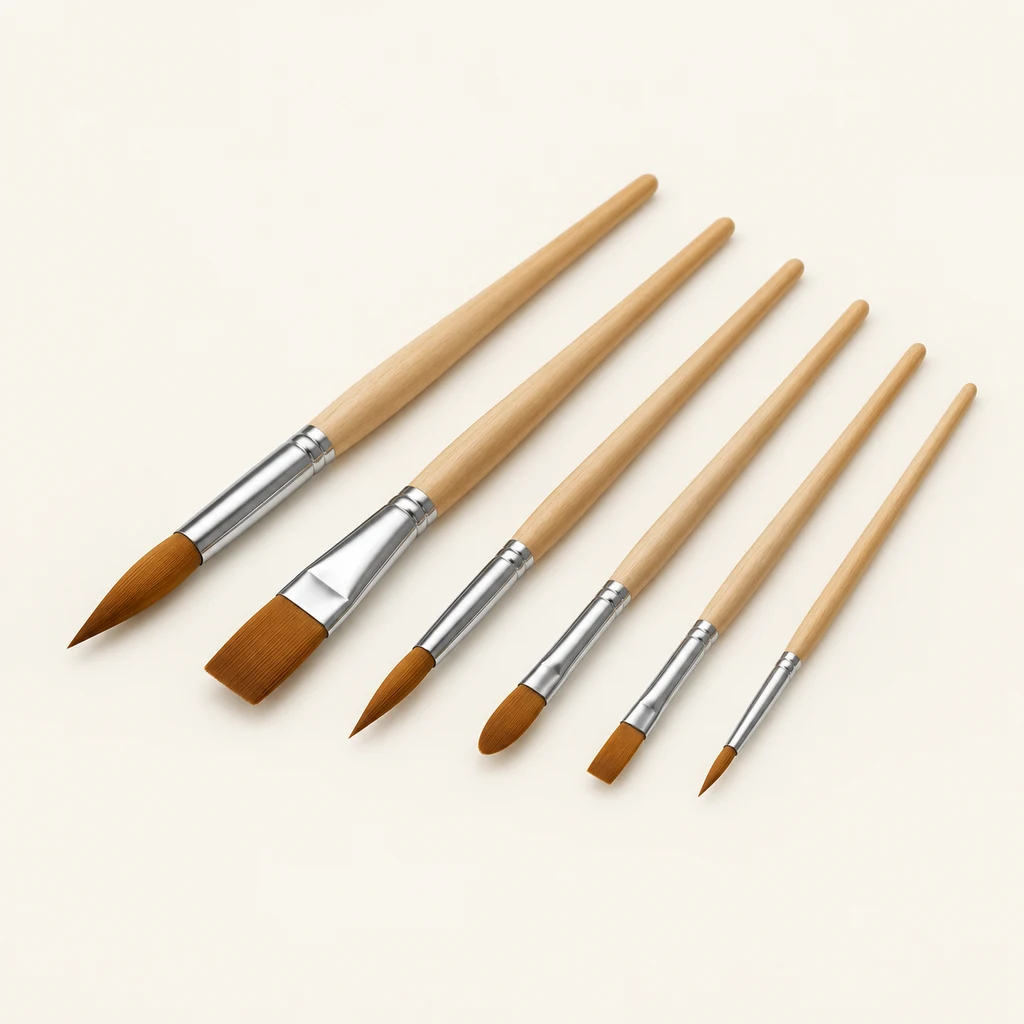 Six synthetic brushes with wooden handles in a row