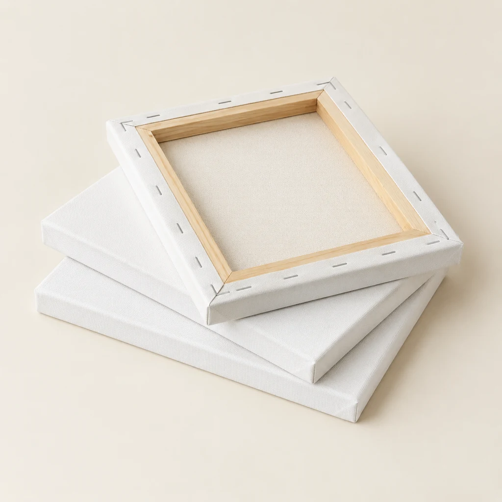 Three blank stretched canvases stacked at an angle
