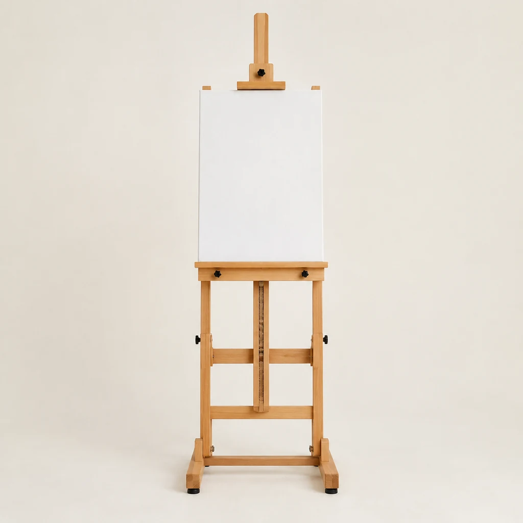 Tall beechwood H-frame studio easel holding a blank canvas
