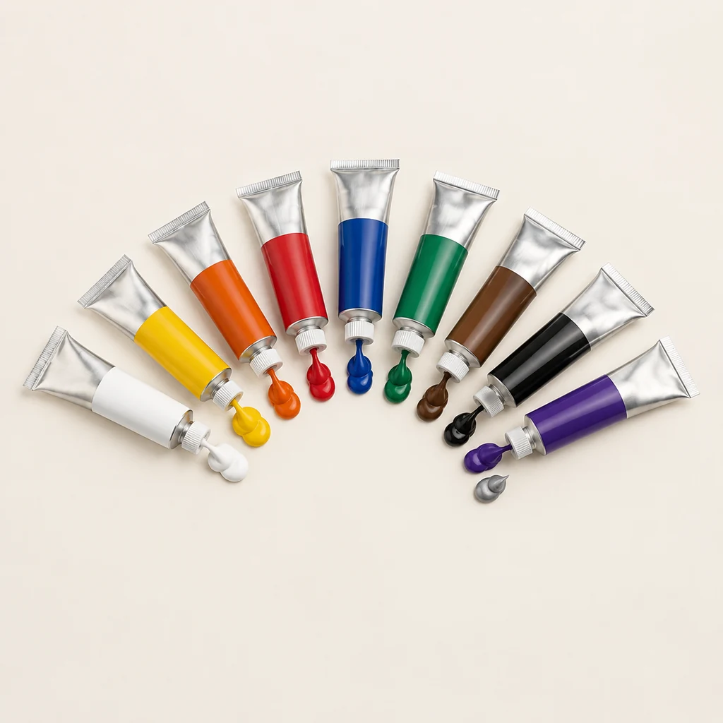 Ten oil paint tubes fanned out with a dab of each colour