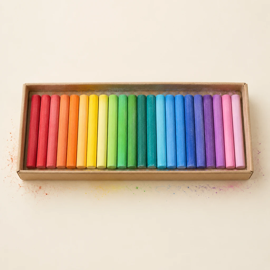 Twenty-four soft pastels arranged as a colour gradient