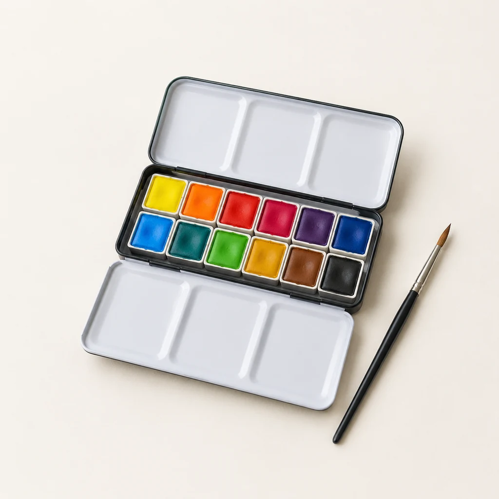 Open watercolour half-pan set in a travel tin