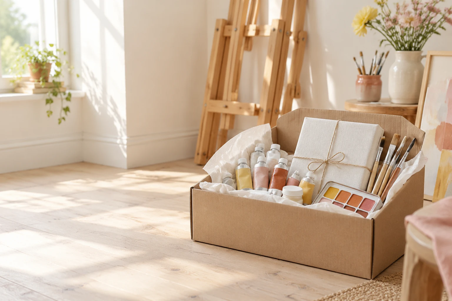 A packed parcel of paints and brushes with a folded easel leaning behind it