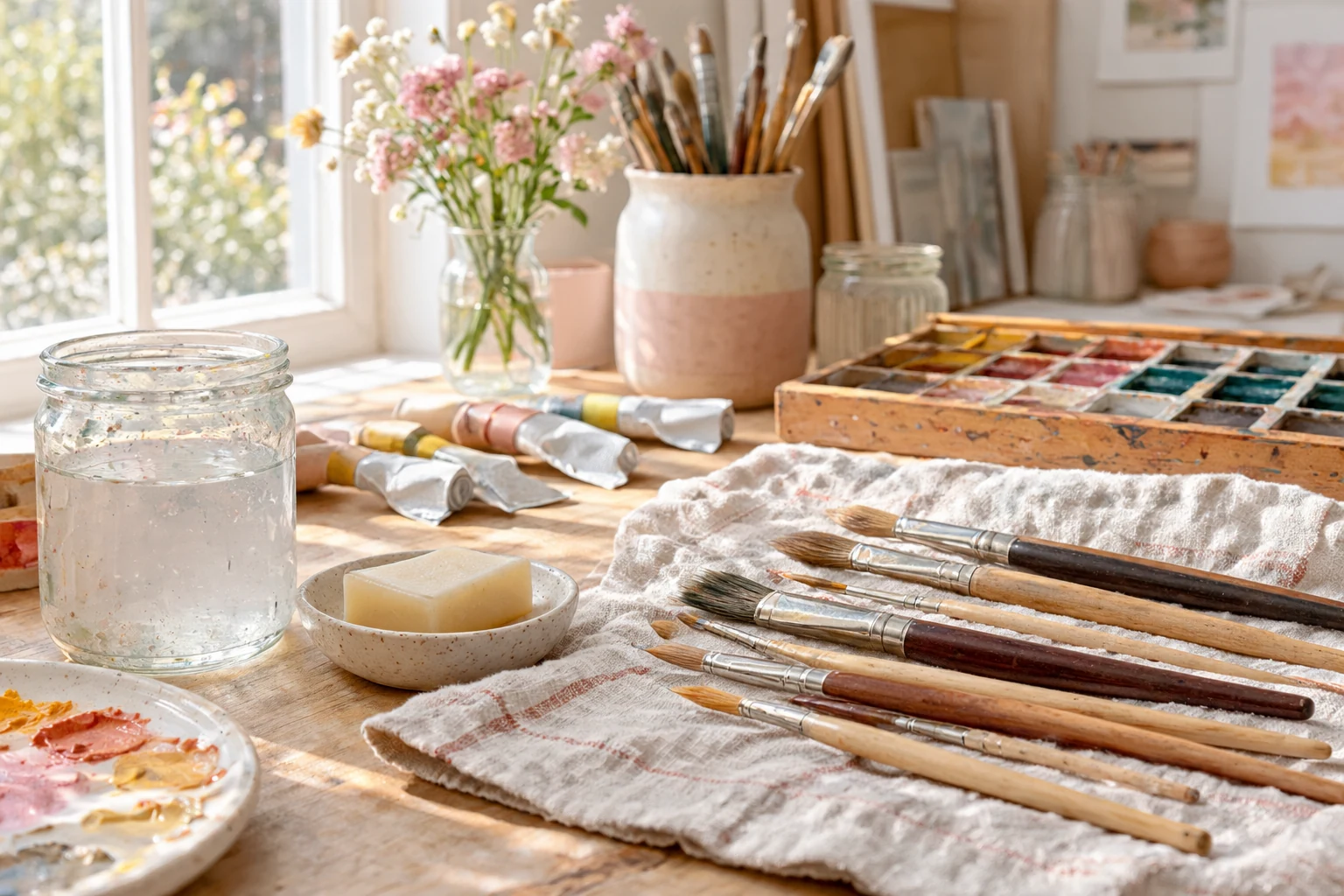 Clean brushes drying flat on a linen towel